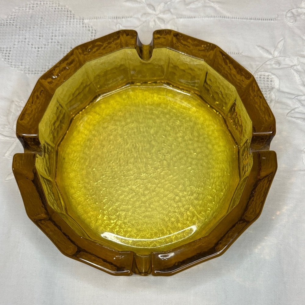 Vintage MCM 60s 70s Paneled Amber Blenko Pebbled Art Glass Ashtray.